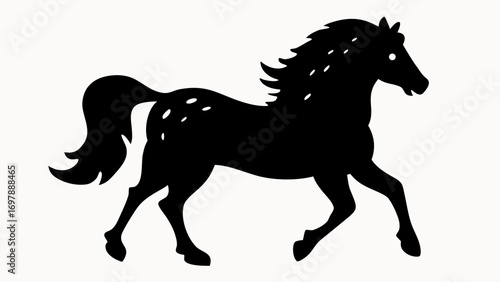Silhouette of a black horse with white spots running on a white background in a simple graphic style