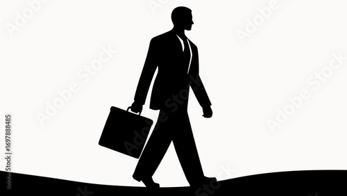Silhouette of a businessman walking with a briefcase in a suit against a white background view sideways
