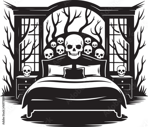 Spooky Bedroom With Skulls Trees and Haunted Archway Keywords: bedroom, bed, skulls, skeleton