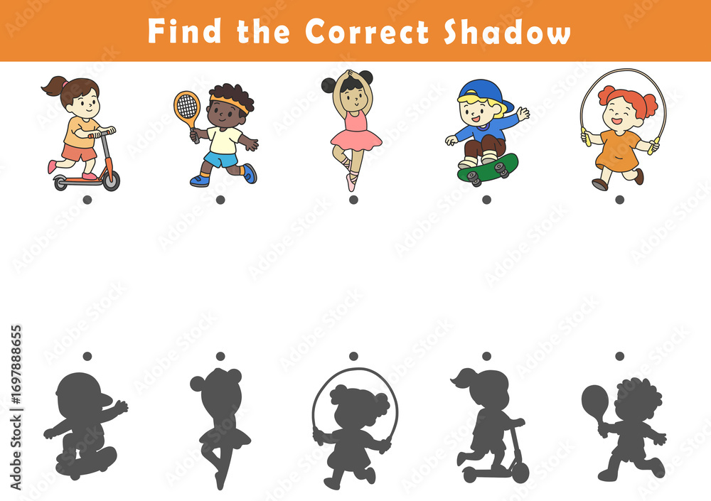 Naklejka premium Shadow matching game for kids. Find the correct shadow. Educational game for children.