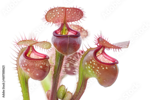 Cluster of carnivorous pitcher plants blooming with pink flower