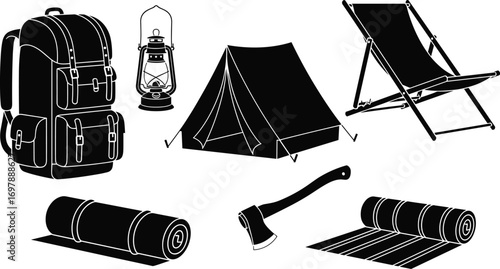Camping gear essentials, travel backpack, tent, lantern, chair, sleeping mat, axe, adventure tools, outdoor equipment, survival kit items