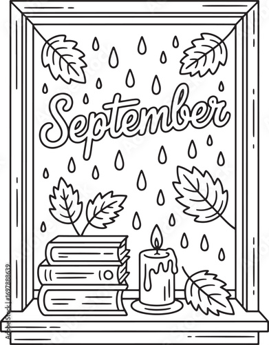 September text with falling leaves rain and candle on windowsill lettering calligraphy