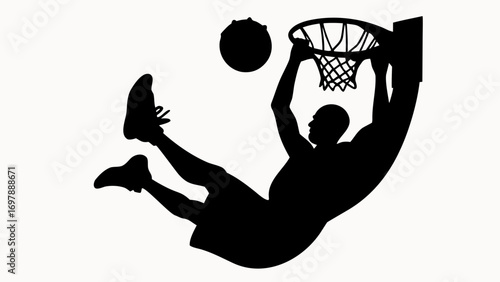 Silhouette of a basketball player performing a slam dunk with a ball near the basket and white background