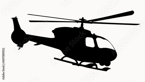 Silhouette of a helicopter with rotor blades and landing skids against a white background image view