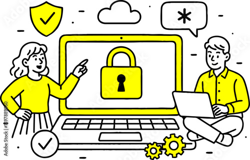 Cyber security concept with people situation in flat web design.  scene of password access, protect personal data. Vector illustrations for social media banner, marketing material