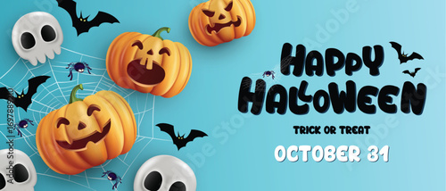 3d Halloween greeting design. Happy halloween text in blue space with pumpkin, skull, spider and bat spooky elements for scary night decoration.