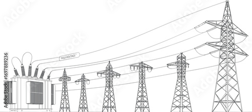 High voltage transformer substation, electric transmission towers, power distribution network, utility energy grid infrastructure, electricity industry system, cad drawing flat vector illustration