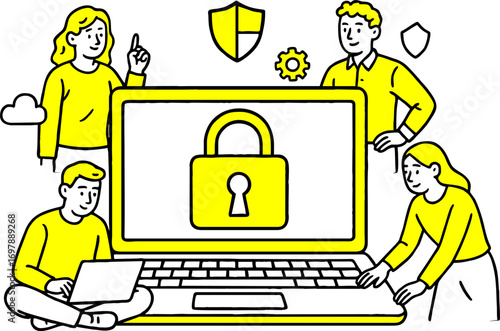 Cyber security concept with people situation in flat web design.  scene of password access, protect personal data. Vector illustrations for social media banner, marketing material