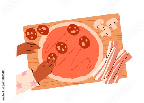 Hands cooking pizza, Italian food. Placing meat ingredients on dough, salami sausage pieces, bacon slices, mushrooms. Preparing homemade meal. Flat vector illustration isolated on white background