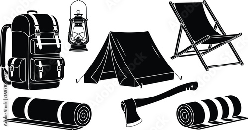Camping gear vector set, tent, backpack, lantern, sleeping bag, axe, chair, outdoor adventure equipment, hiking, survival, black silhouette