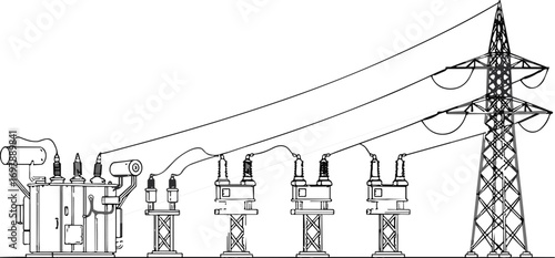 Electric transformer substation, high voltage power lines, energy distribution system, utility grid infrastructure, electricity industry network, cad drawing flat vector illustration