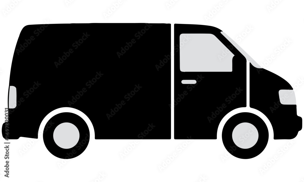 Fototapeta premium Silhouette of Cargo Van Icon – Black Delivery Vehicle Illustration, Commercial Transport Car Symbol for Logistics, Courier, Moving Service, Shipping, Freight, Supply Chain, and Transportation Design