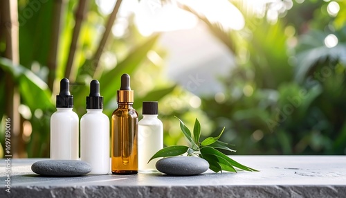 Natural skincare bottles on a stone surface