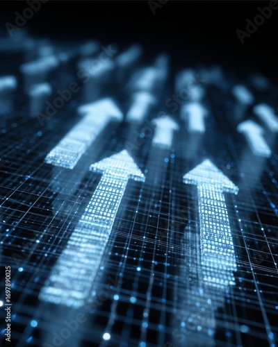 Digital Ascent: A conceptual visualization of growth and progress, with illuminated arrow, suggesting forward movement within a high-tech matrix. 