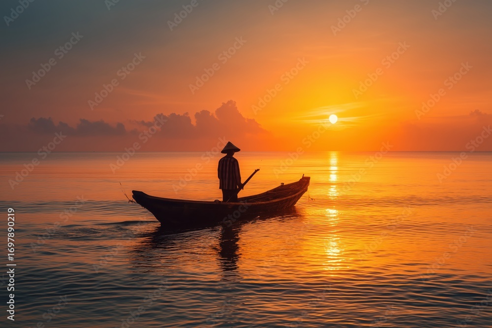 Obraz premium Fisherman in boat at sunset over calm water