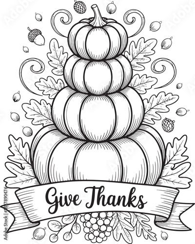 Stacked pumpkins with give thanks ribbon and autumn leaves fall harvest