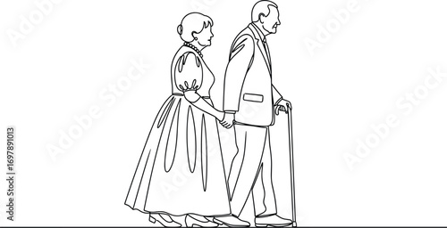 Elderly couple walking hand in hand, vintage clothing style, romantic senior love, old age support, timeless companionship, line art drawing