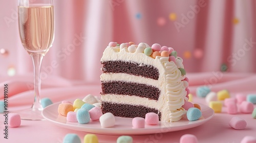 Slice of birthday cake with colorful candy and chocolate marshmallows on pink background, pastel curtains and champagne glass in minimalist style