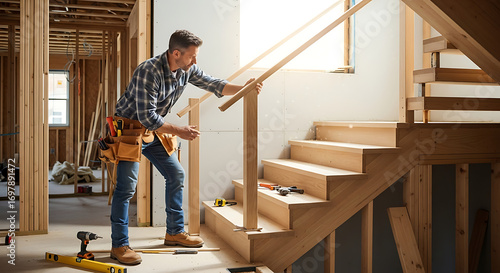 Professional Carpenter Installing a Staircase

