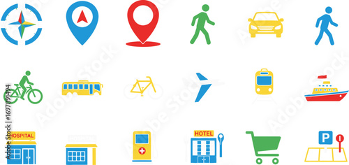 Collection of colorful icons representing navigation, transportation, and amenities
