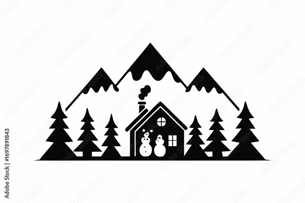 Fototapeta premium Winter mountain village with snowy peaks, pine trees, and a cozy cabin with smoke, children building a snowman, vector illustration