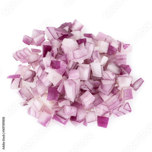 Top view of pile of red or purple onion diced isolated on white background