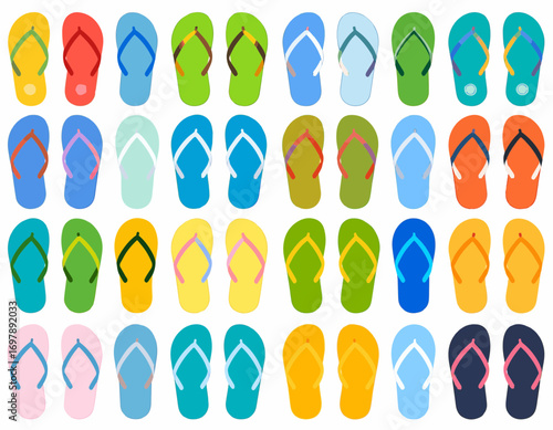 Colorful flip flops arranged in rows summer footwear beach vacation high quality professional
