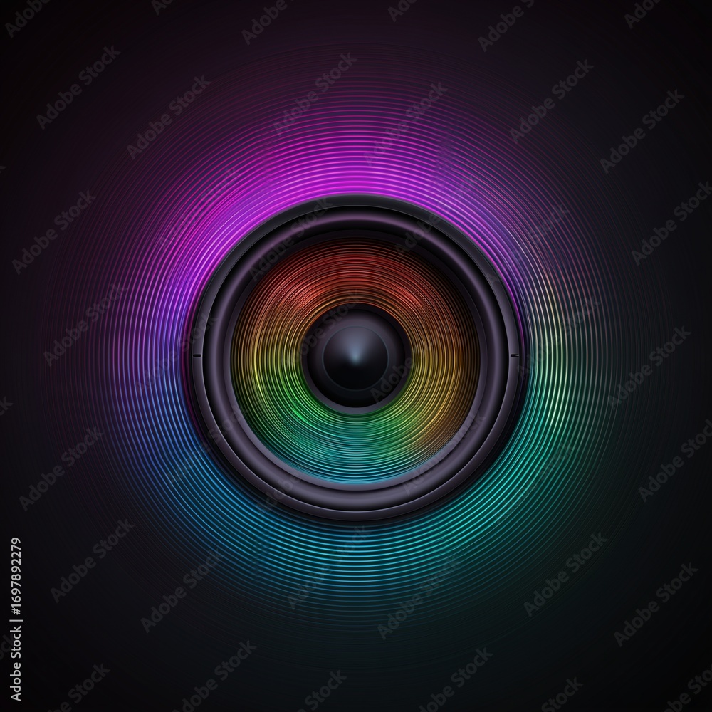 Fototapeta premium Vibrant Audio: A captivating close-up of a speaker, radiating waves of colorful light, creating a stunning visual experience