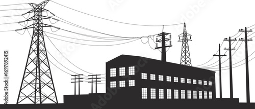 High voltage electricity substation, power transmission tower, energy distribution grid, utility infrastructure building, electrical industry system, cad drawing flat vector illustration