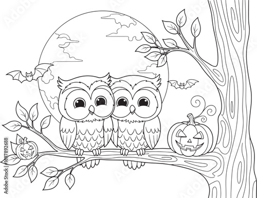 Two cute owls and pumpkins on a tree branch with bats and moon animal bird