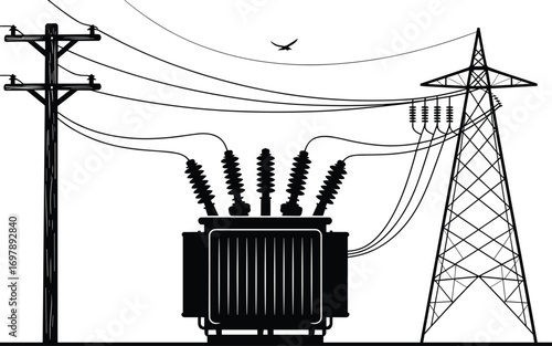 Electric power substation transformer with high voltage tower, energy transmission lines, electricity distribution system, grid infrastructure, cad drawing flat vector illustration