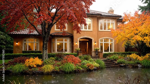 Beautiful Autumn House Surrounded by Colorful Trees and Garden