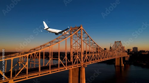 Airplane Flying Over City Bridge at Sunset with Urban Skyline