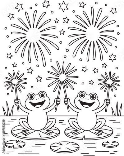Two happy frogs holding sparklers with fireworks and stars amphibian animal