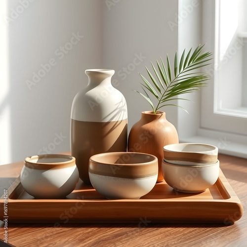 Wallpaper Mural A collection of ceramic vases and bowls in neutral tones arranged on a wooden tray, bathed in soft sunlight near a window. Torontodigital.ca