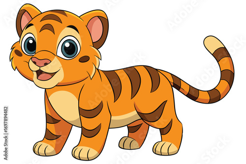 Cute Striped Tiger Cub Cartoon on White Background Art