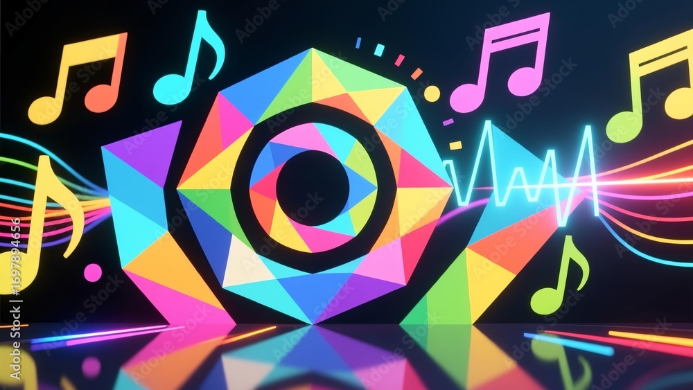 Fototapeta premium Futuristic kaleidoscope of sound and light with glowing music notes and audio waves