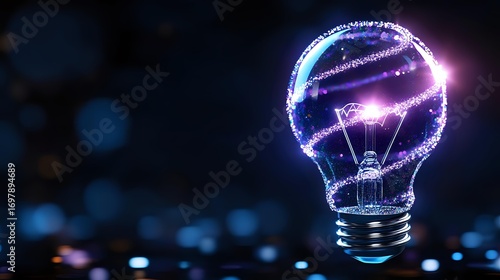 Glowing light bulb with electric energy streams and purple blue neon effect on dark background with bokeh lights, symbolizing innovation and creative ideas.