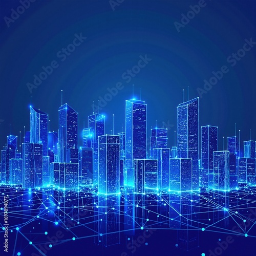A vibrant cityscape featuring interconnected lines and dots, symbolizing a network of communication and technology, with skyscrapers and bustling streets.