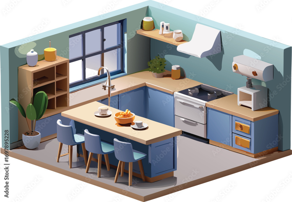 Modern home illustration with geometric elements and vibrant colors