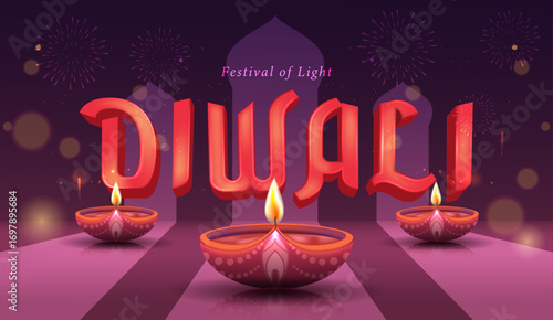 Happy Diwali Poster with Diya Lamp Vector Illustration. Indian festival of lights Design. Suitable for Greeting Card, Banner, Flyer, Template. 