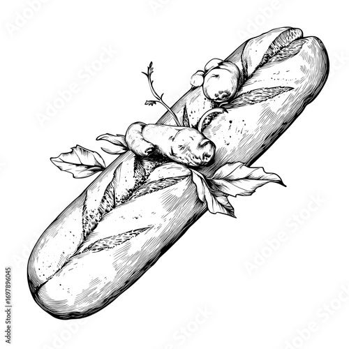 French bread, typically an isolated long narrow loaf, is exemplified in a modern sketch of a wheat baguette, a well-known pastry food