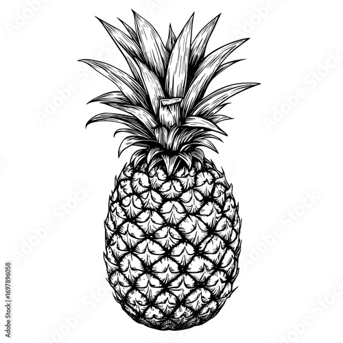 Modern ananas with green leaves is depicted as an exotic pineapple isolated tropical whole fruit sketch, a vegetarian food dessert