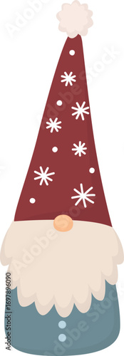 Cute fairy tale character with long beard and cozy oversized hat. Funny Christmas toy isolated on white background