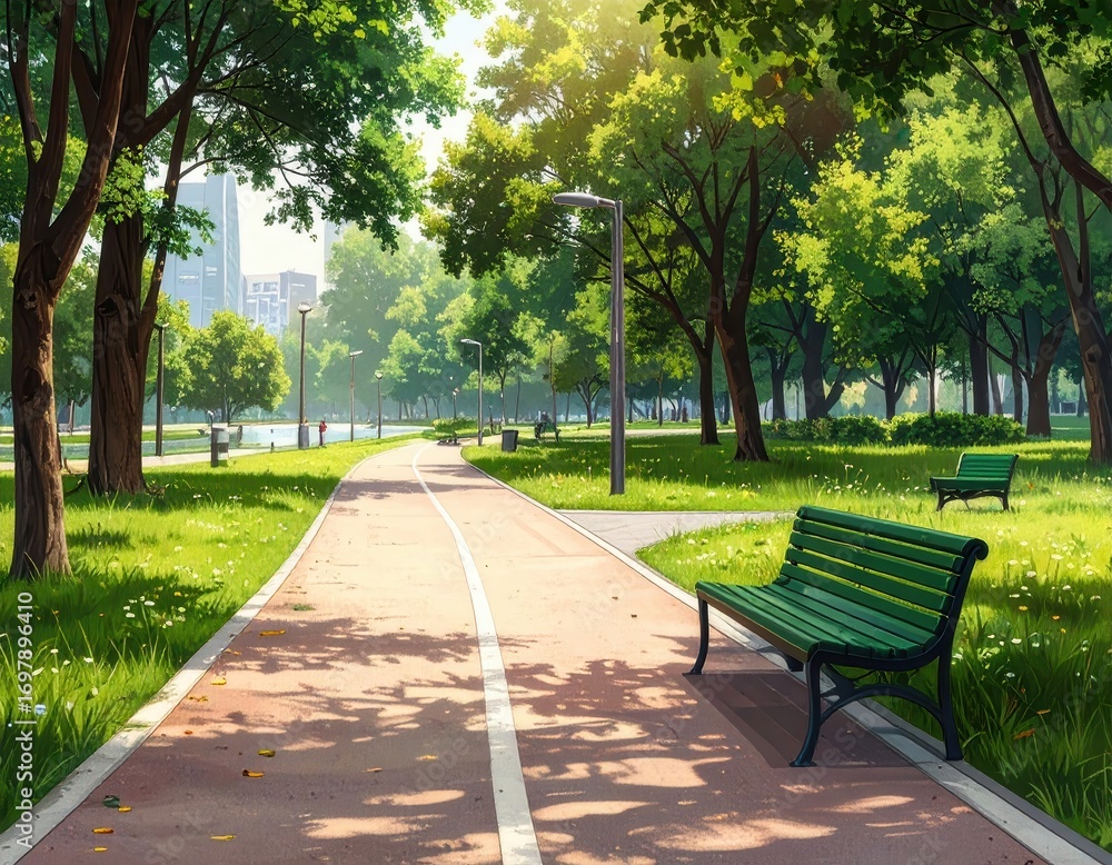 Fototapeta premium A serene park scene, vibrant with lush greenery and sunny light, displays a paved walking path, park benches, and gentle shadows.