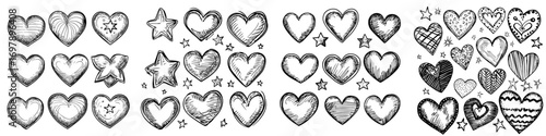 A contemporary assortment of hand-drawn stars and hearts is presented, featuring an array of multicolored sketches on a gray backdrop