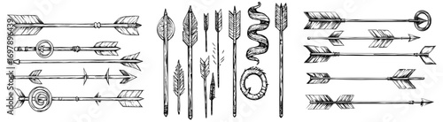 A hand drawn set of modern arrows is isolated on a white background, created in a doodle style
