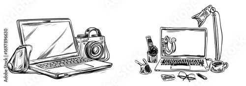 The drawing features a continuous line that encompasses a camera, laptop, and a cup of coffee