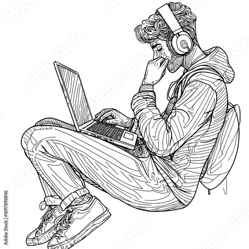 An old wooden mannequin is shown holding an empty board in a modern hand-drawn doodle illustration that features copyspace